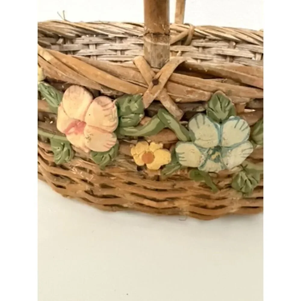 vtg. Woven Basket with ceramic flowers